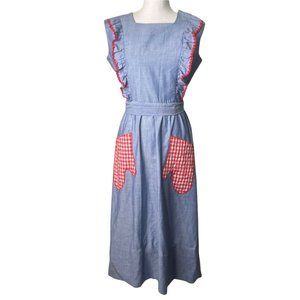 Vtg Lori Till Maxi Dress M/L Blue Red Ric Rac Flutter Sleeve Mitten Pockets a18